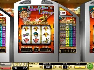 Main game board featuring three reels and 3 paylines with a Progressive Jackpot max payout