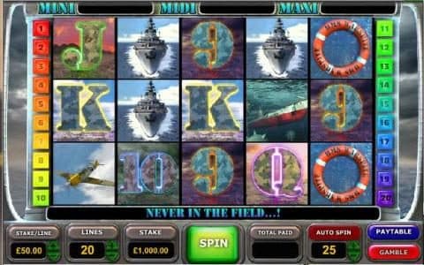 main game board featuring five reels , twenty paylines and a progressive jackpot