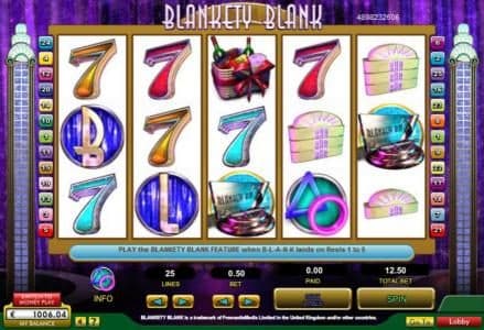 Main game board featuring five reels and 25 paylines with a $50,000 max payout