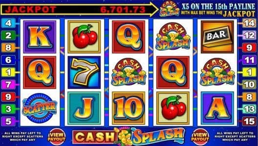 main game board featuring five reels, 15 paylines and a progressive jackpot