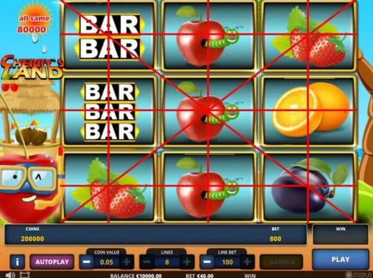 Main game board featuring three reels and 8 paylines with a $800,000 max payout.