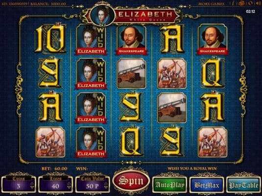 A royal themed main game board featuring five reels and 40 paylines with a $600 max payout