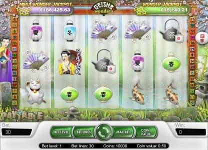 main game board featuring five reels, thirty paylines and two progressive jackpots