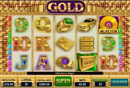 Main game board featuring five reels and 20 paylines with a $25,000 max payout