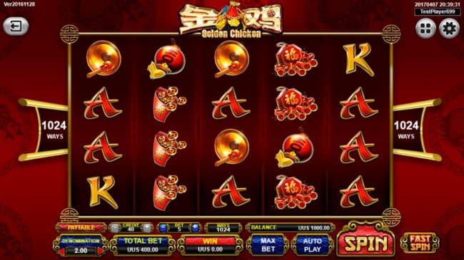 Main game board featuring five reels and 1024 winning combinations with a $800,000 max payout.