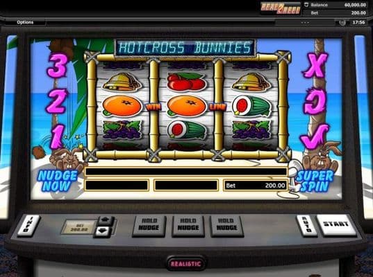 Main game board featuring three reels and 3 paylines with a $60,000 max payout.