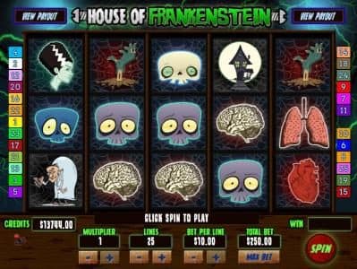 Main game board featuring five reels and 25 paylines with a jackpot max payout