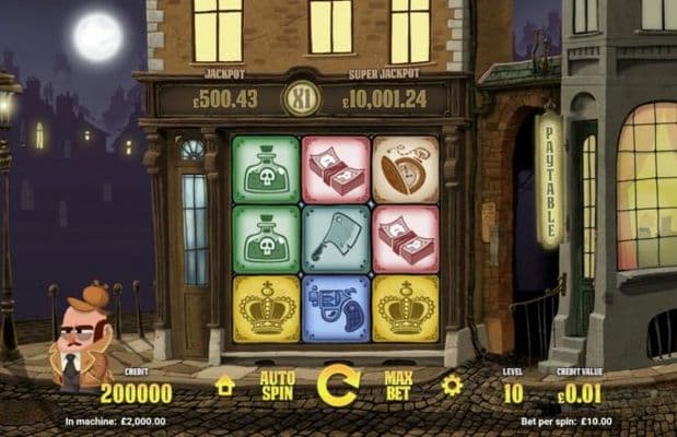 A crime detective themed main game board featuring three reels and 8 paylines with a progressive jackpot max payout