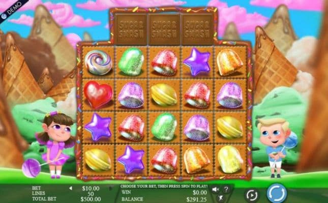 A candy themed main game board featuring five reels and 50 paylines with a $375,000 max payout