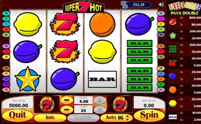 Main game board featuring four reels and paylines with a $1,000 max payout.