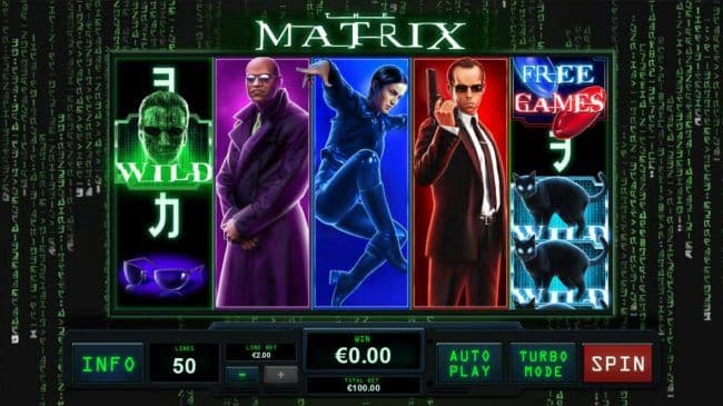 Main game board featuring five reels and 50 paylines with a $225,000 max payout.